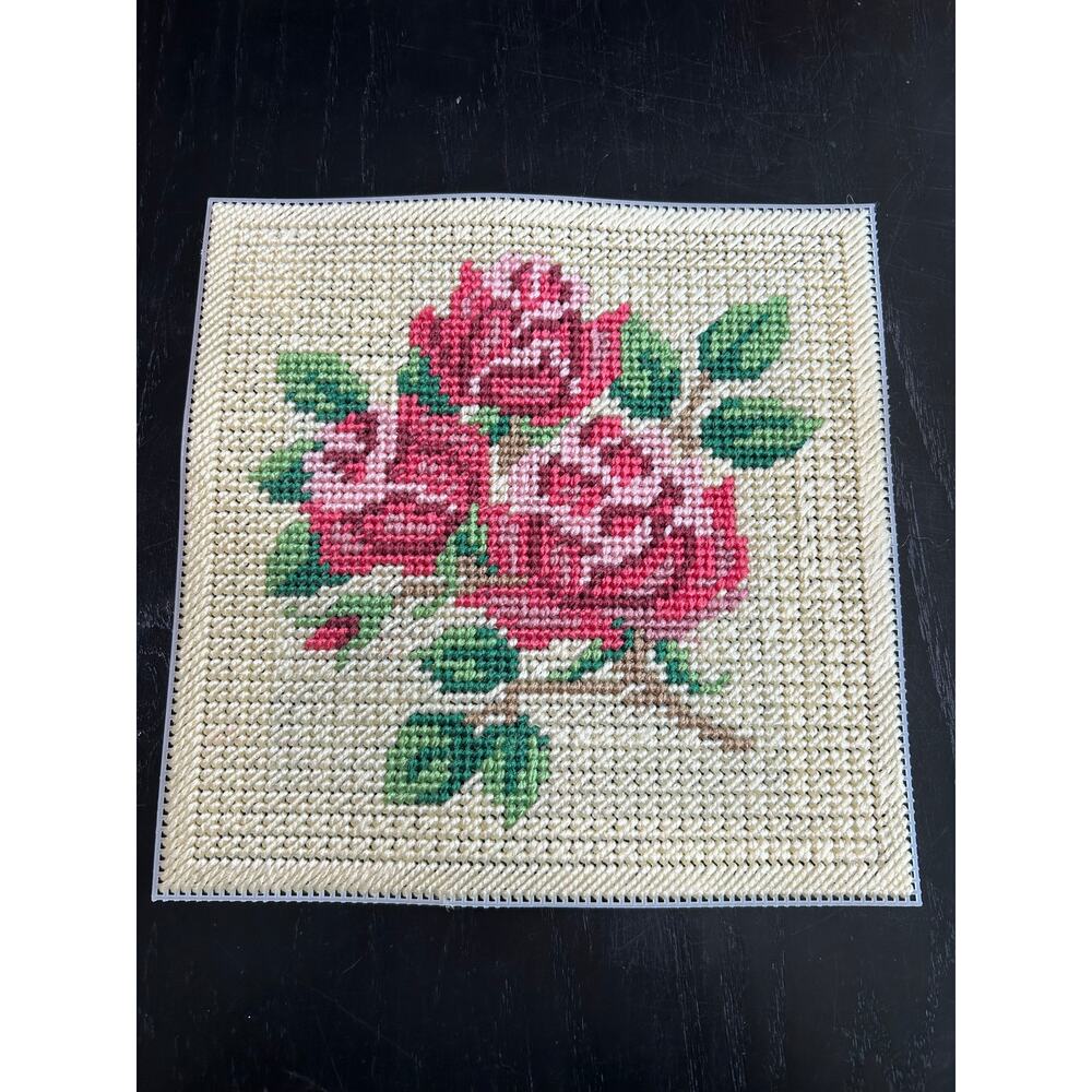 Needlpoint on plastic square mat with yarn- pink roses- cream - unframed